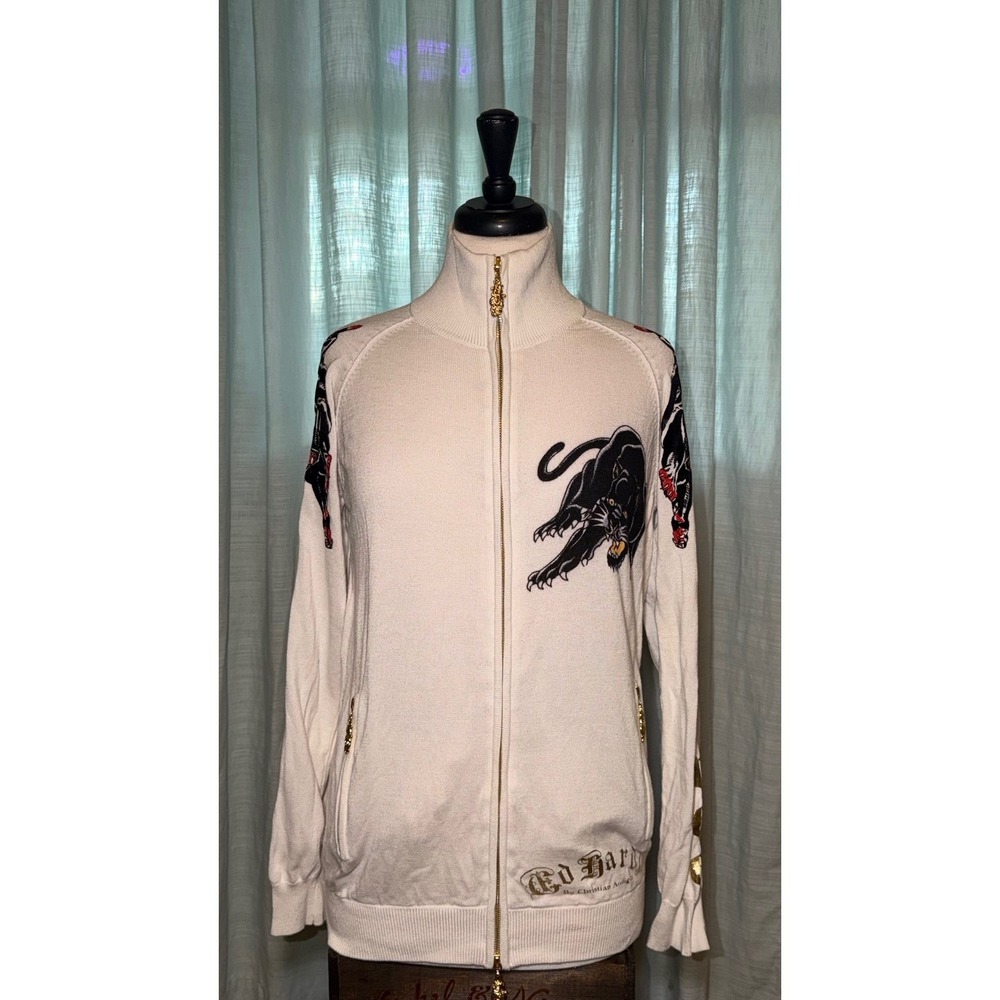 Ed Hardy Christian Audigier White Panther Embroidered Zip Up Knit Cardigan L